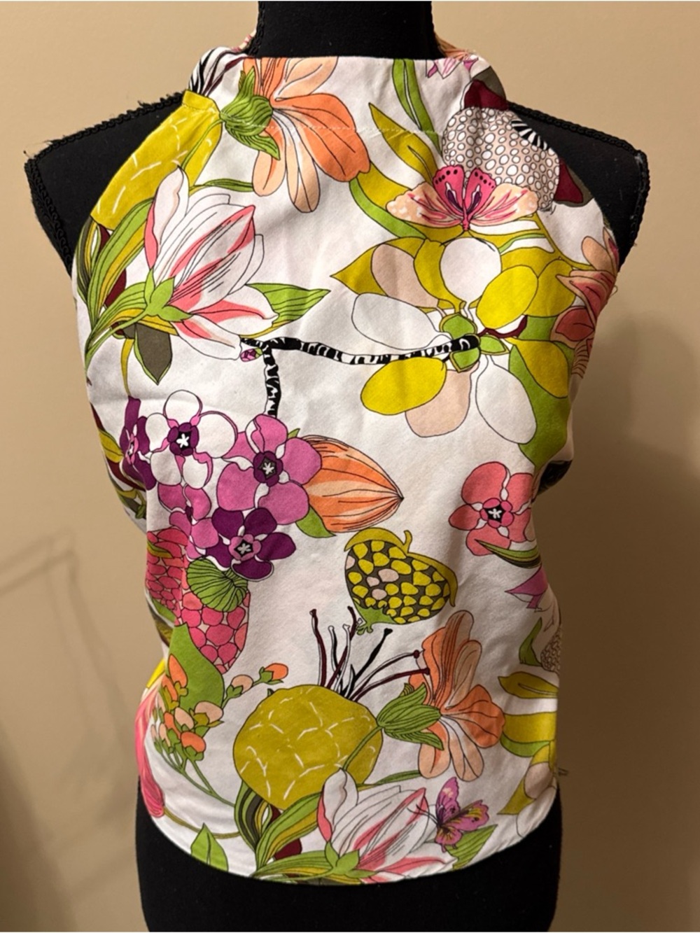 Trina Turk Reversible Floral Halter Crop Top in White, Pink, Yellow, Green